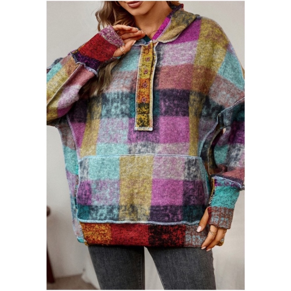 Cozy Plaid Print Button Pockets Hoodie Top S M L XL